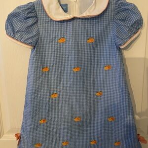 Blue Checked Puff-Sleeve Kids Formal Dress with White Peter Pan Collar